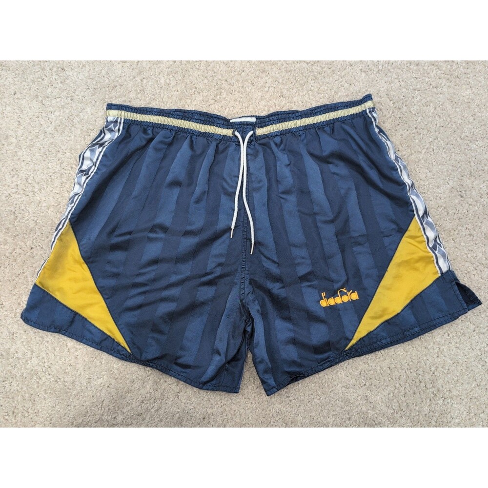 VTG Diadora Drawstring Soccer Athletic Shorts Men's Large Navy Blue Yellow Nylon